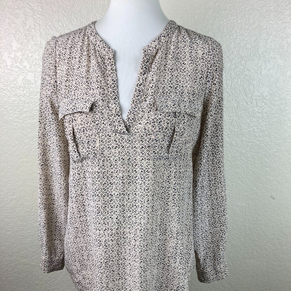 Joie Women's White & Black Print Long 100% Silk Sleeve Blouse Sz XS